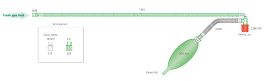 Veterinary Mapleson F Ayres T-piece anaesthetic circuit breathing system with 0.5 Litre open tail bag, 1.8metre length, single unit wrapped sealed in bag