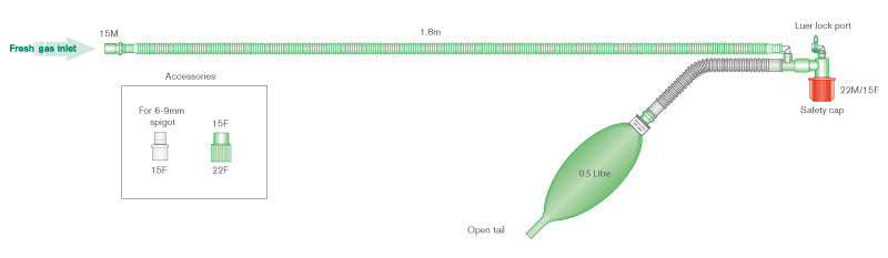 Mapleson F Jackson Rees modification T-piece anaesthetic paediatric breathing system 2121 with 0.5L open tail bag, 1.8m, single unit wrapped sealed in bag,nhs code  FDB034