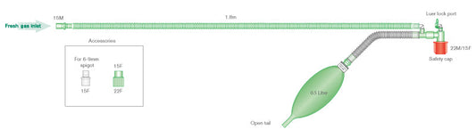 Mapleson F Jackson Rees modification T-piece anaesthetic paediatric breathing system 2121 with 0.5L open tail bag, 1.8m, single unit wrapped sealed in bag,nhs code  FDB034
