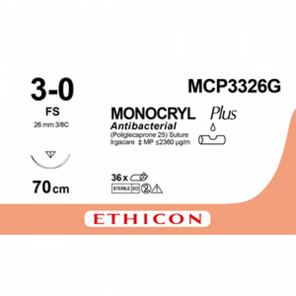 Monocryl™ Plus Reverse Cutting Needles FS | 26 mm | 3/8 Circle | 3–0 | 70 cm | Undyed Box of 12