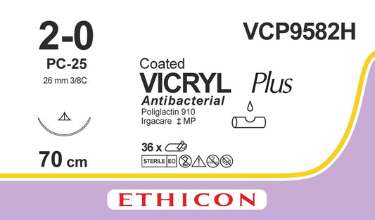 Vicryl Suture Undyed Antibacterial 2-0 26mm 3/8 circle 70cm Box of 36