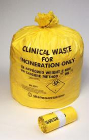 Clinical Waste Bags, Yellow, 360 x 711 x 990mm, 25 Roll